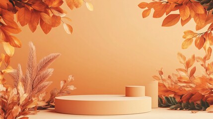 Simple product display podium adorned with autumn leaves for product placement