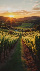 Fototapeta premium Serene Vineyard Vista at Sunset Rows of Grapevines Leading to Distant Hills Under a Golden Sky Capturing the Beauty of Nature and Agriculture