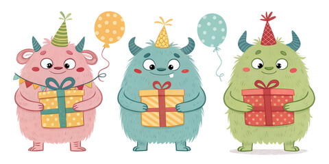 Various cute monsters with gifts isolated on transparent background
