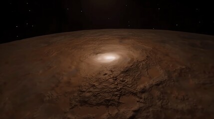 An aerial view of a planetary surface with swirling clouds