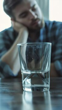 Alcohol dependent male struggling with addiction, staring emptily at water glass, battling drinking urge