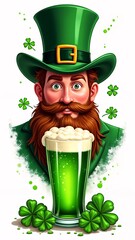 A digital illustration of a leprechaun with a green hat and a green beer.