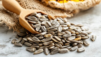 A pile of roasted sunflower seeds in their shell, placed on a white surface with a wooden scoop