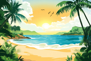 Obraz premium Tropical Beach Landscape with Palm Trees and Golden Sunset Sky