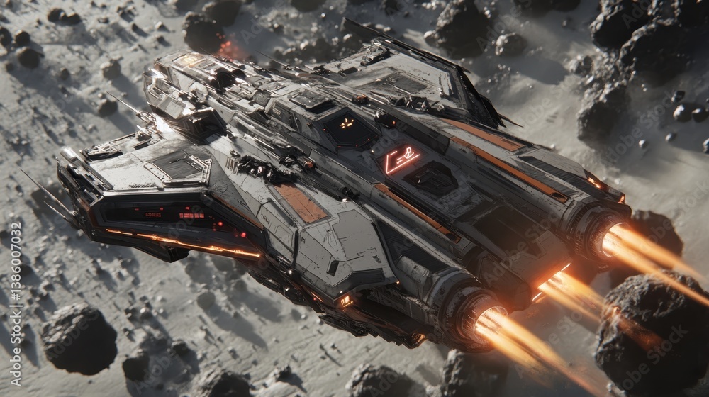Poster spaceship navigates through an asteroid belt while engaging in combat during a distant space mission