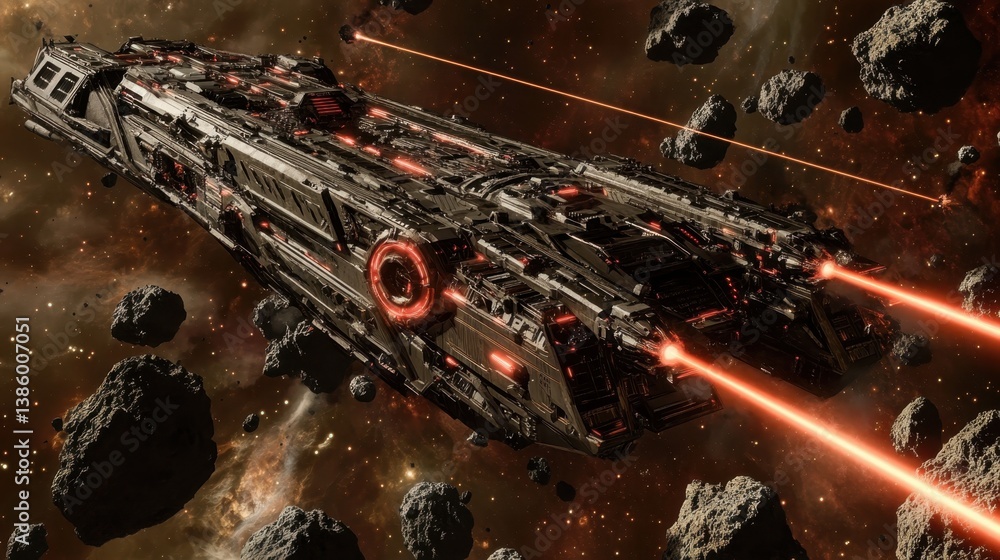 Poster spaceship navigates through an asteroid belt while engaging in combat during a distant space mission