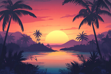 Tropical Island Sunset Silhouette with Palm Trees and Calm Water