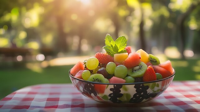 Freshly prepared fruit salad featuring vibrant watermelon, kiwi, grapes, cantaloupe, and strawberries arranged in a decorative bowl with mint leaves, set against a sunlit green park background - Powered by Adobe