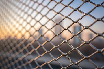 Fototapeta premium Geometric Metal Fence with Nature Background at Sunset