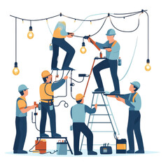 Electricians Teamwork Installing Lightbulbs String Lights Electrical Work isolated on transparent background