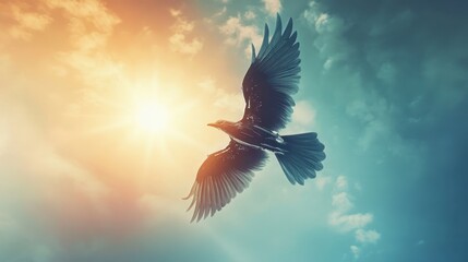 Metallic bird flying through clouds during a dramatic sunset in a futuristic landscape