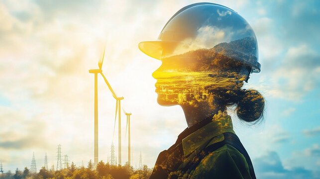 Double Exposure Portrait of Engineer with Wind Turbines Background