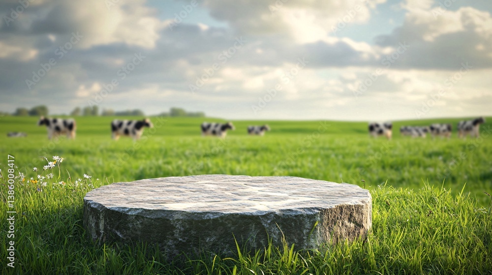 Poster stone podium on a grassy field with cows in the background, ready for product presentation