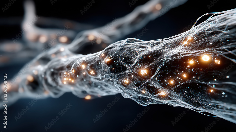 Poster intertwined glowing threads represent quantum entanglement and the connections between particles in 