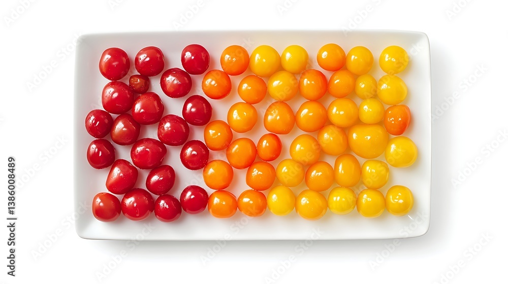 Poster a vibrant assortment of cherry tomatoes arranged in a visually appealing gradient pattern on a white