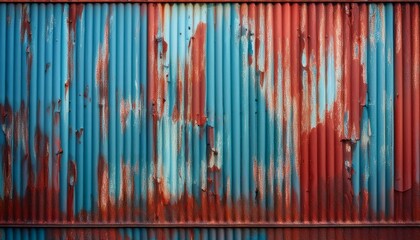 Obraz premium rusty corrugated metal surface with blue and red tones showcasing weathered textures and peeling paint evoking sense of decay and industrial charm