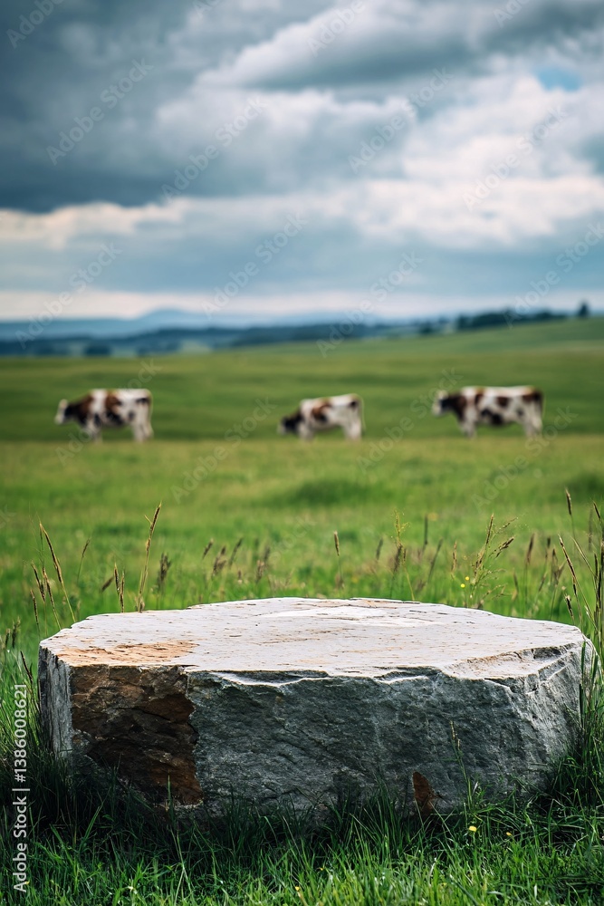 Poster stone podium stands empty with cows grazing in the background of a farm field