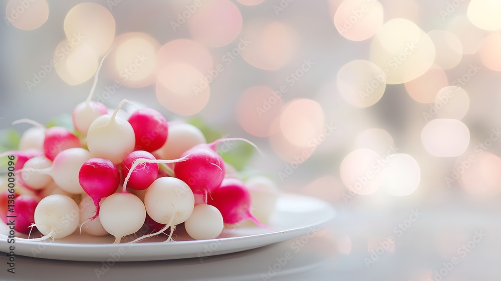 Poster a close-up view of a vibrant assortment of fresh radishes arranged artistically on a white plate wit
