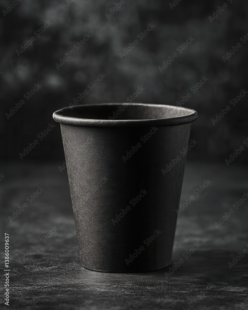 Poster minimalist black paper cup on dark textured surface capturing simplicity and elegance in studio shot