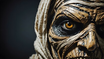 Halloween mummy wallpaper, scary egyptian mummy close up over a black background	
