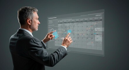 Professional uses advanced calendar technology to schedule events on a large screen with touch controls.  Planning with data visualization.