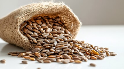 A handful of roasted sunflower seeds spilling from a small burlap sack, placed on a white surface