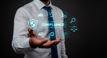 A person holding a hologram of compliance-related icons, symbolizing regulation, security, and policy adherence in business practice.