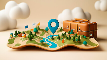 3D illustration of a folded map with trees, houses and small landmarks on it, with a large blue location marker in the center surrounded by miniature flags and a brown travel suitcase in the backgroun