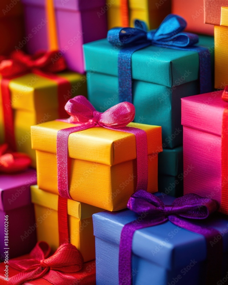 Aufkleber vibrant array of colorful gift boxes stacked high with satin ribbons creating a festive and joyful m