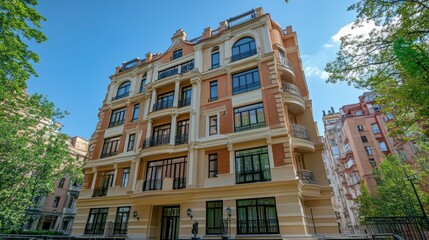 Fototapeta premium Elegant European-Style Apartment Building on a Sunny Day