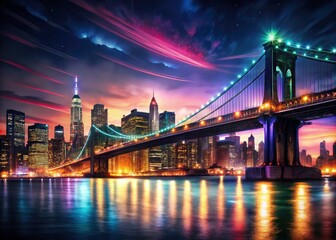 Fototapeta premium Brooklyn Bridge Night Photography, Low Light NYC Skyline, Dramatic Cityscape, Urban Landscape, Dark Bridge