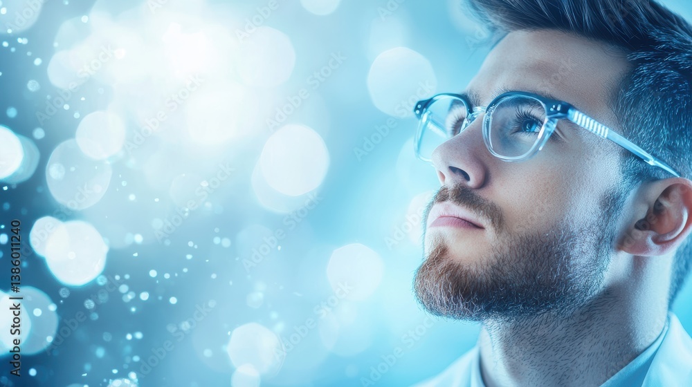 Poster professional engineer in a lab coat analyzing complex data on a digital display in an industrial fac