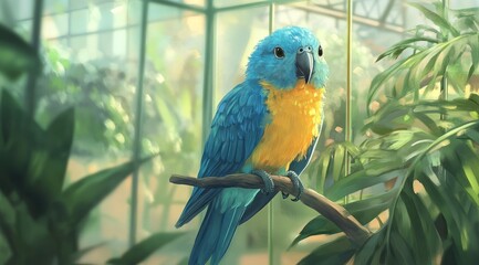 Obraz premium A cute blue parrot with yellow feathers, sitting on the branch of an indoor plant in its cage. The background
