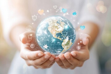 Person holding a globe with glowing connections representing global network and communication concept idea