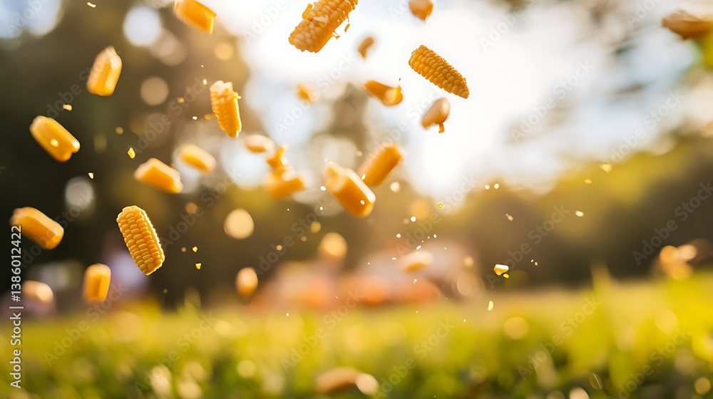 Poster a vibrant collection of corn kernels cascading down, illuminated by a warm golden sunlight, creating