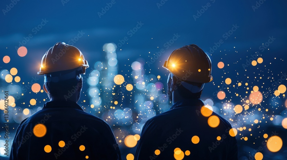 Poster refinery engineers monitoring refinery operations from a high tech control room.