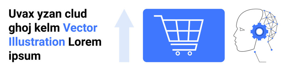 Shopping cart icon, upward arrow, and human head with neural network pattern. Ideal for e-commerce, AI, technology, innovation, neuroscience, digital services simple landing page