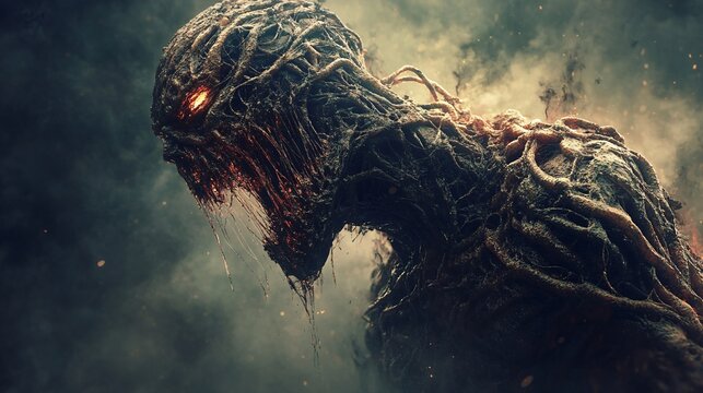 Eerie creature with luminous eyes is emerging from the shadows