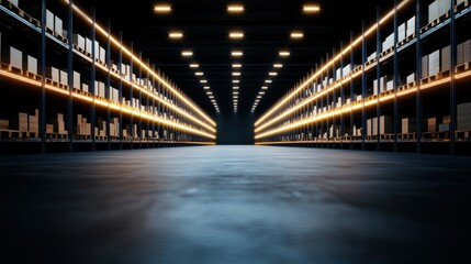 Indoor Large warehouse with rows of shelves stocked with goods, illuminated by bright overhead lights.