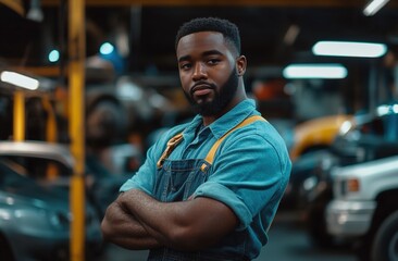 A muscular man in blue overalls crossing arms in an auto repair shop, cars and tools in background