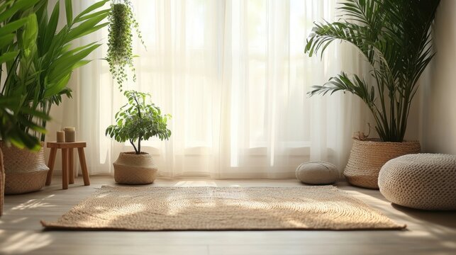 A serene and minimalist meditation space with a small mat, calming decor, and plants, on a white background