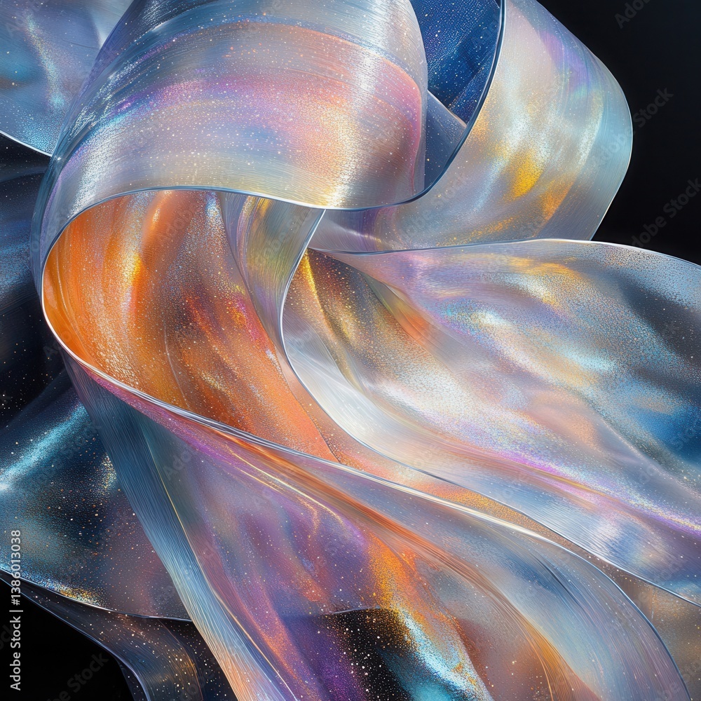 Poster abstract iridescent ribbon art with flowing texture and vibrant color gradient on black background