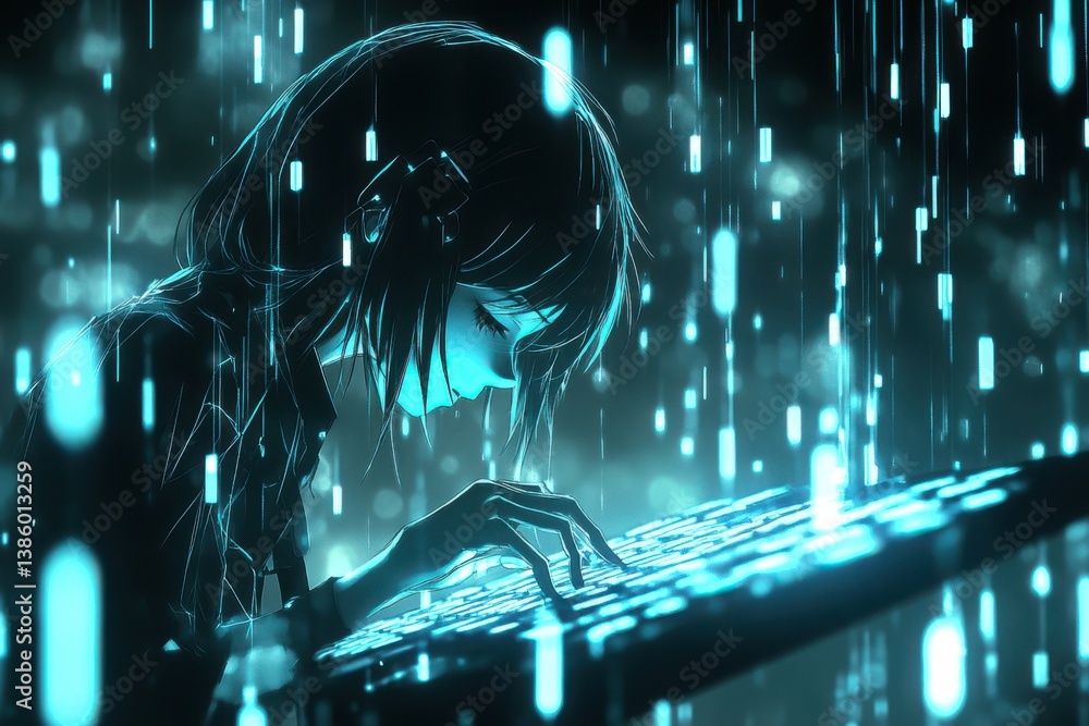 Poster an anime girl hacker in a glowing wireframe style typing on a keyboard, showcasing digital technolog