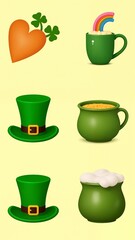 A set of four different types of green hats and a pot of gold.