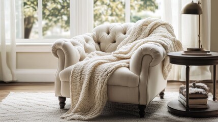 A cozy corner of a home with a soft armchair, plush throw blanket, and a side table with a lamp, on a white background