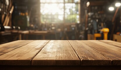 Close-up of a weathered wooden table with blurred workshop background