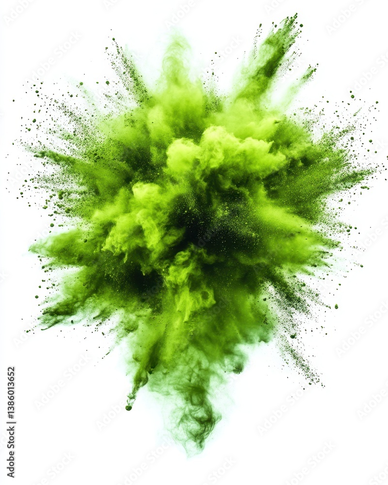 Poster vibrant explosion of green powder against white backdrop creating dynamic and abstract design elemen