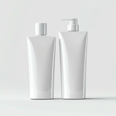 Elegant white cosmetic bottles on a minimalist background.
