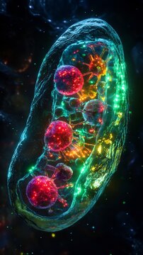 Surreal photorealistic rendering of mitochondrion plastid inside eukaryotic cell glowing translucent membrane deep contrast coloring neon highlight hyper detailed microstructures suspended viscous
