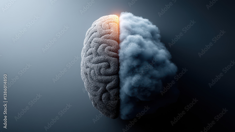 Poster abstract representation of a human brain emphasizing the contrast between logical thought and biased
